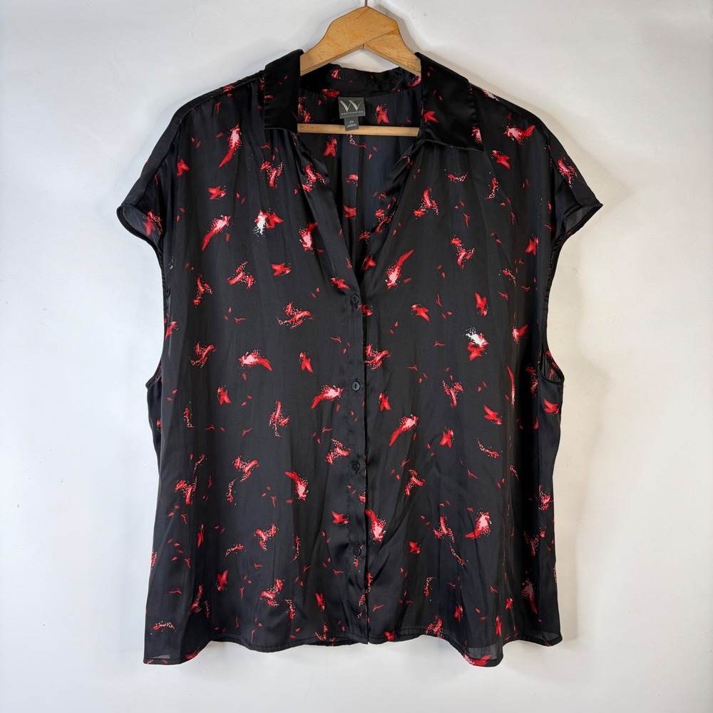 Worthington Blouse Women 2X Black Red Abstract Print Sleeveless Button Up Top